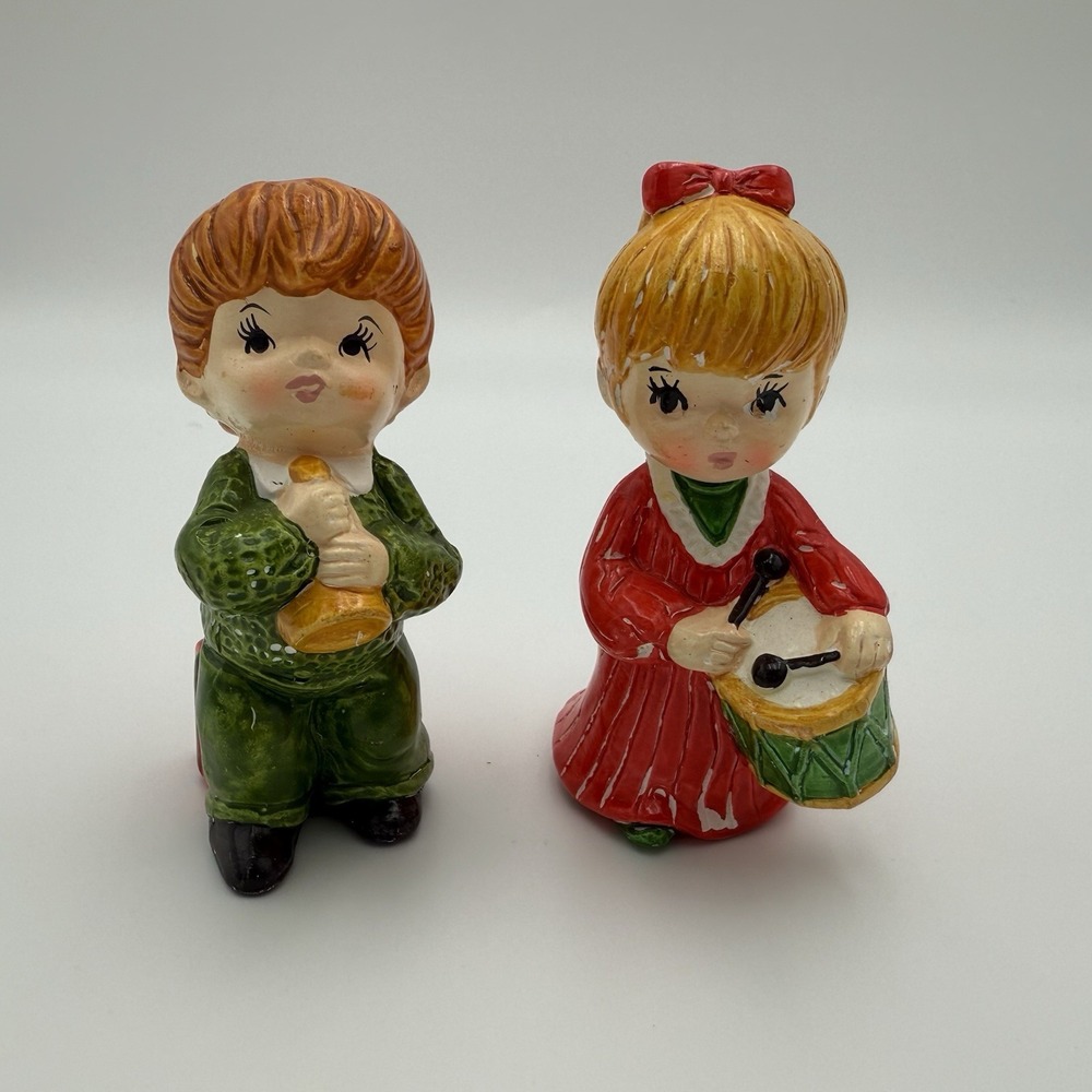 Drummer Boy Girl Music Ceramic Figures Christmas Sears Vtg Decor MCM Caroler Kid - Picture 2 of 10